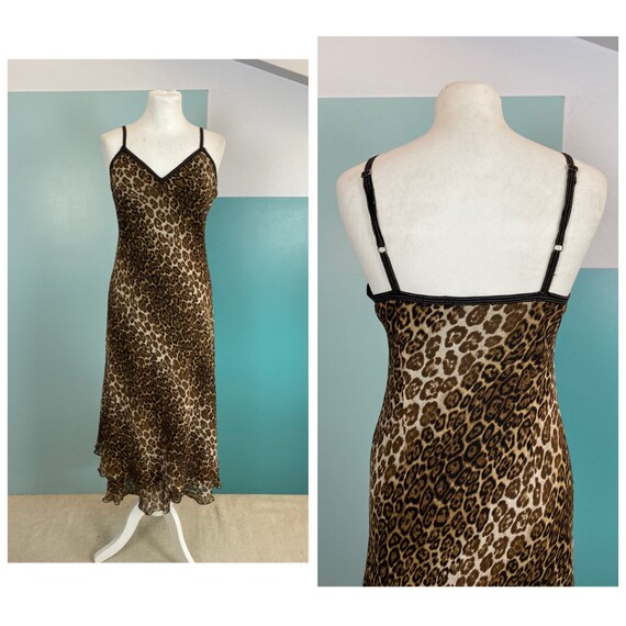 90s Animal Print Silk Spaghetti Dress - M