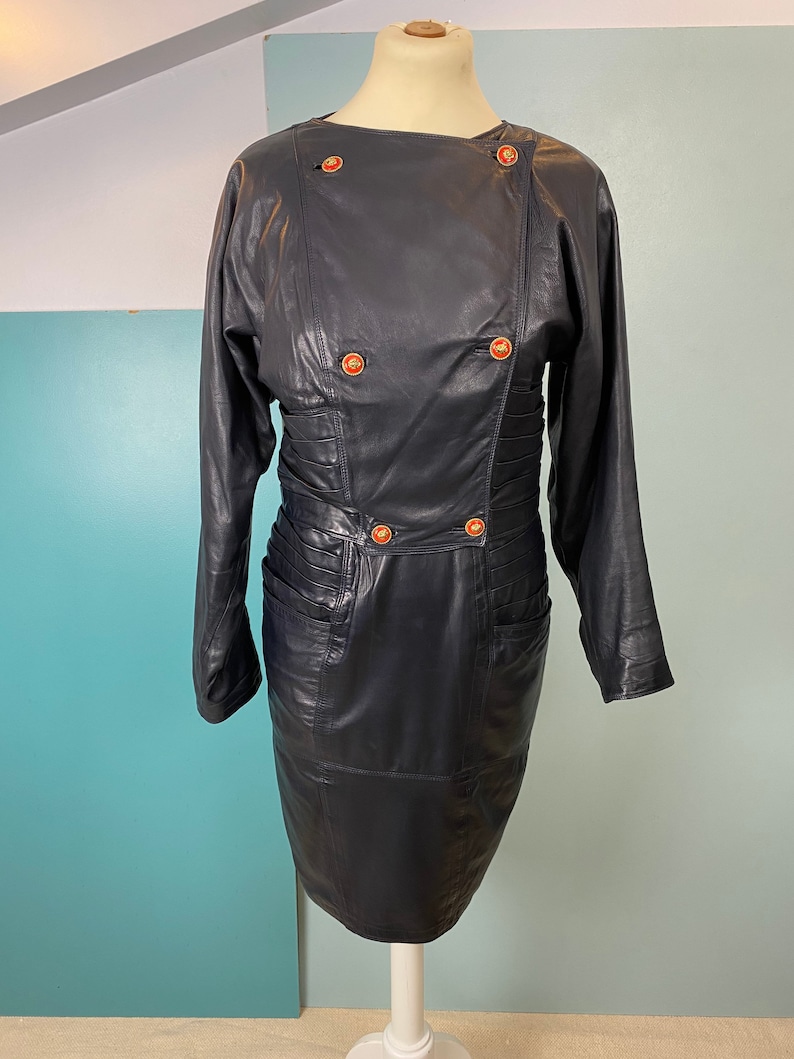 GIANNI VERSACE 80s Blue Leather Skirt Suit image 6