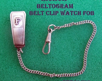HICKOK Beltogram Stirling Belt Clip Watch Fob w/ 6" Chain Raised Monogram "F"