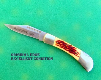 WINCHESTER 2003 Single Blade Imitation Stag Handle Lock Back Folding Pocket Knife