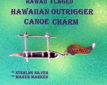 Hawaiian Outrigger Canoe Charm Flagged HAWAII Sterling Silver Fine Condition