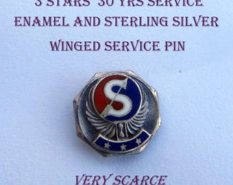 Vtg. ''S'' Wing Sterling & Enamel Service Pin W/ 3 Stars 1/4''Octogon