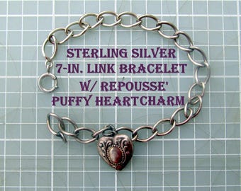 Sterling Silver 7-in. Link Bracelet w/ Repousse' Puffy Heart Charm Vintage