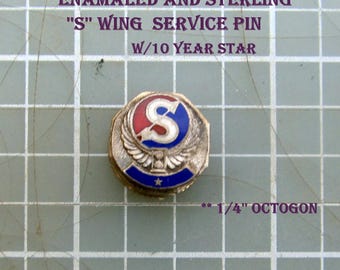 Vtg. ''S'' Wing Sterling & Enamal Service Pin W/10 Year Star 1/4''Octogon