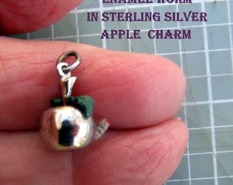 Enamel Worm in Sterling Silver Apple Charm Unbranded 3-D Detail Vintage