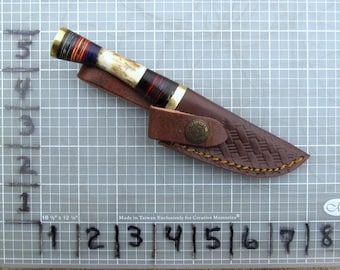Hunting Skinner Fixer Blade W/Leather Sheath    Twist Damascus 2 1/2''Blade