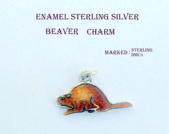 Vintage BEAVER  Sterling Silver & Enamel Charm/Pendant