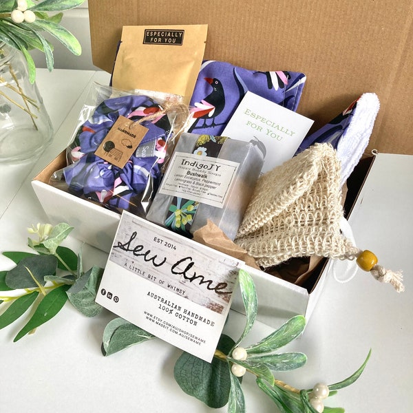 Gift for Bird Lover, Beauty Pamper Hamper, Spa and Care Pack in Native Australian Magpie Fabric