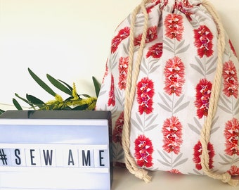 Drawstring Bag/Small/Australian/Native Flowers/ Red Calistemon/Floral/Toy Bag/Book Bag/Laundry Bag/Shoe Bag/Reusable Gift Bag/Sack/Book Bag