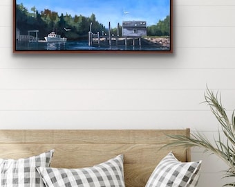Seagulls on Frenchboro, original oil painting, 12”x36”