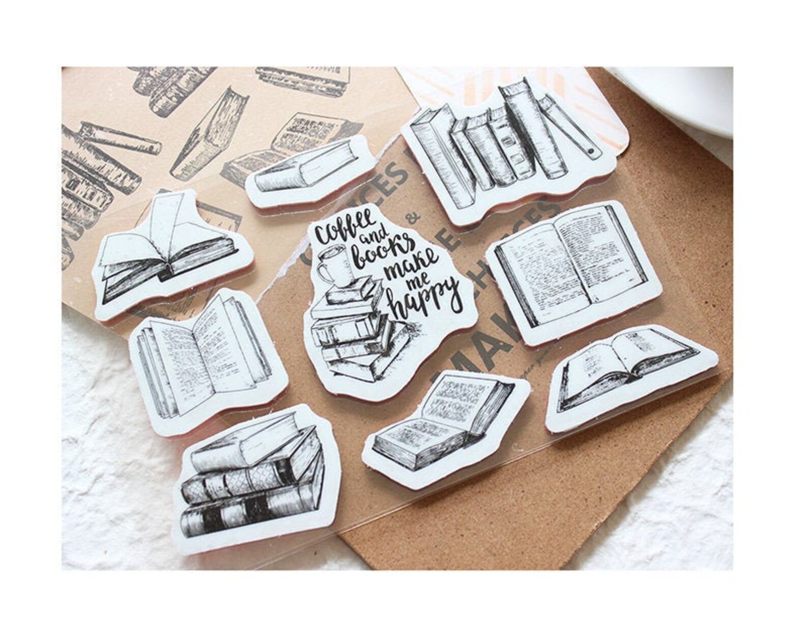 9 Pcs Cling Rubber Stamp Set Books Library Cling Stamp Art Etsy