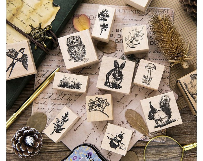 Woodland Animals Plants Wooden Stamp Rubber Stamp C055 Etsy