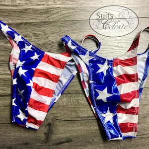 Men&#39;s *PRO CUT* bodybuilding posing suit trunks in USA Flag print fabrics