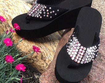 2-Tone Swarovski Crystal Rhinestone Wedge Flip Flops Sandals - Available in 2 heel heights!