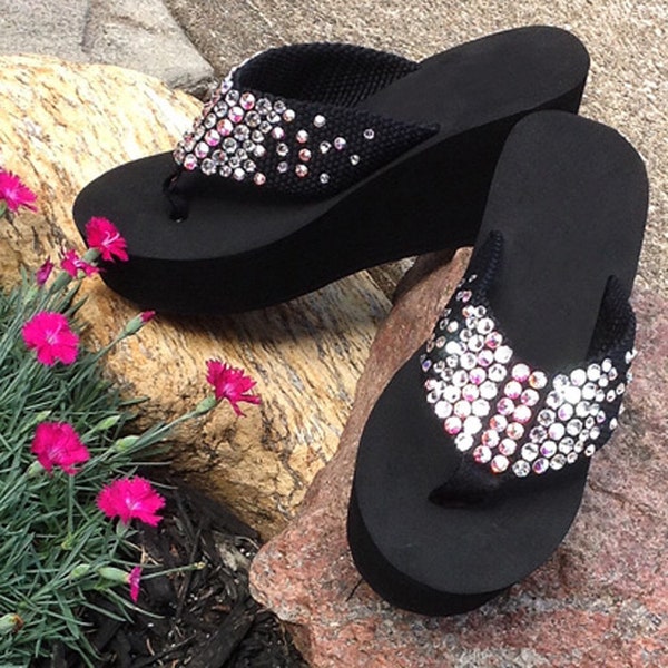 2-Tone Swarovski Crystal Rhinestone Wedge Flip Flops Sandals - Available in 2 heel heights!