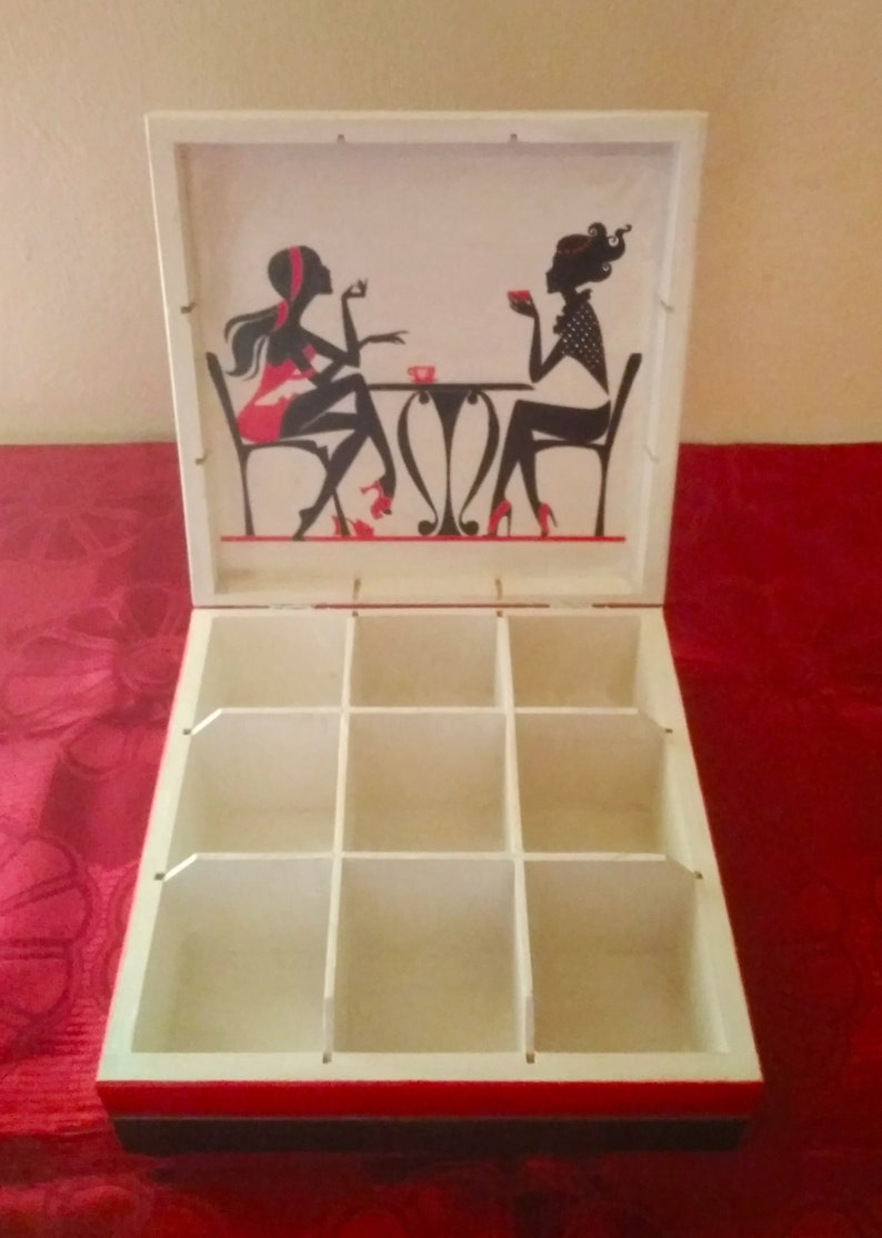 Tea Box hand painted Tea Organizer Wooden Keepsake Box Jewelry Box Personalized Box Option Wooden 9 Compartments Box