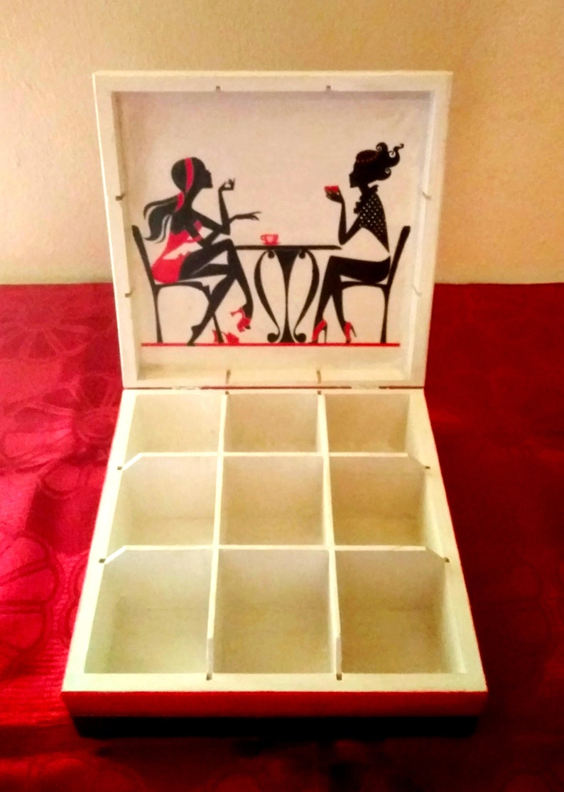 Tea Box hand painted Tea Organizer Wooden Keepsake Box Jewelry Box Personalized Box Option Wooden 9 Compartments Box