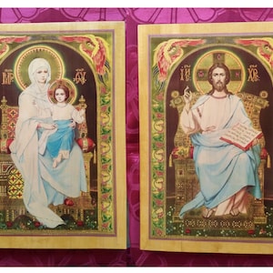 2 icons, wedding couple, the Mother of God, the Lord  9.6 &quot;x 12.6&quot; (24x32)  painted of hot colors directly on solid wood