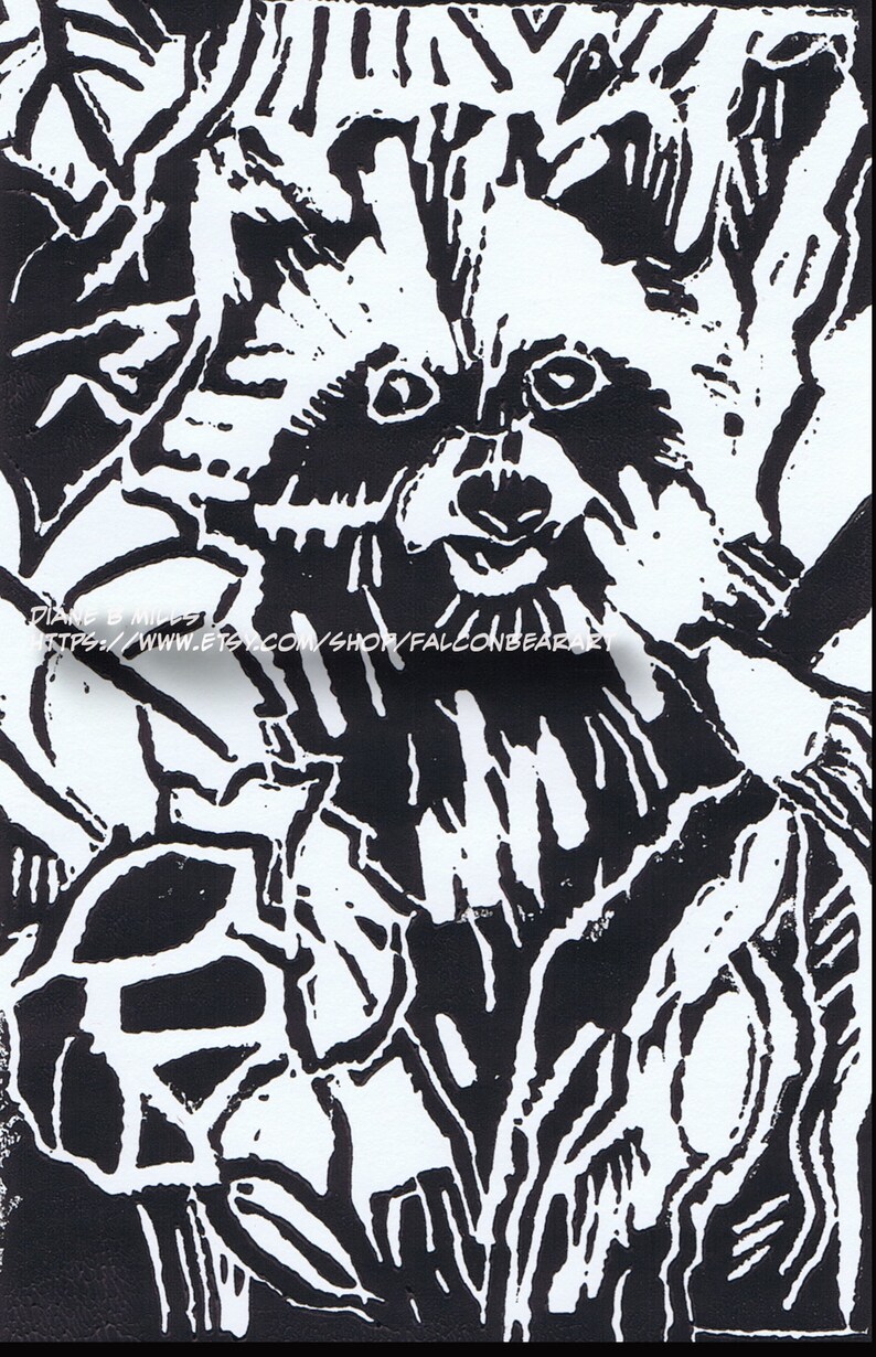 Wily Masked Bandit Raccoon Linoleum Block Print - Etsy