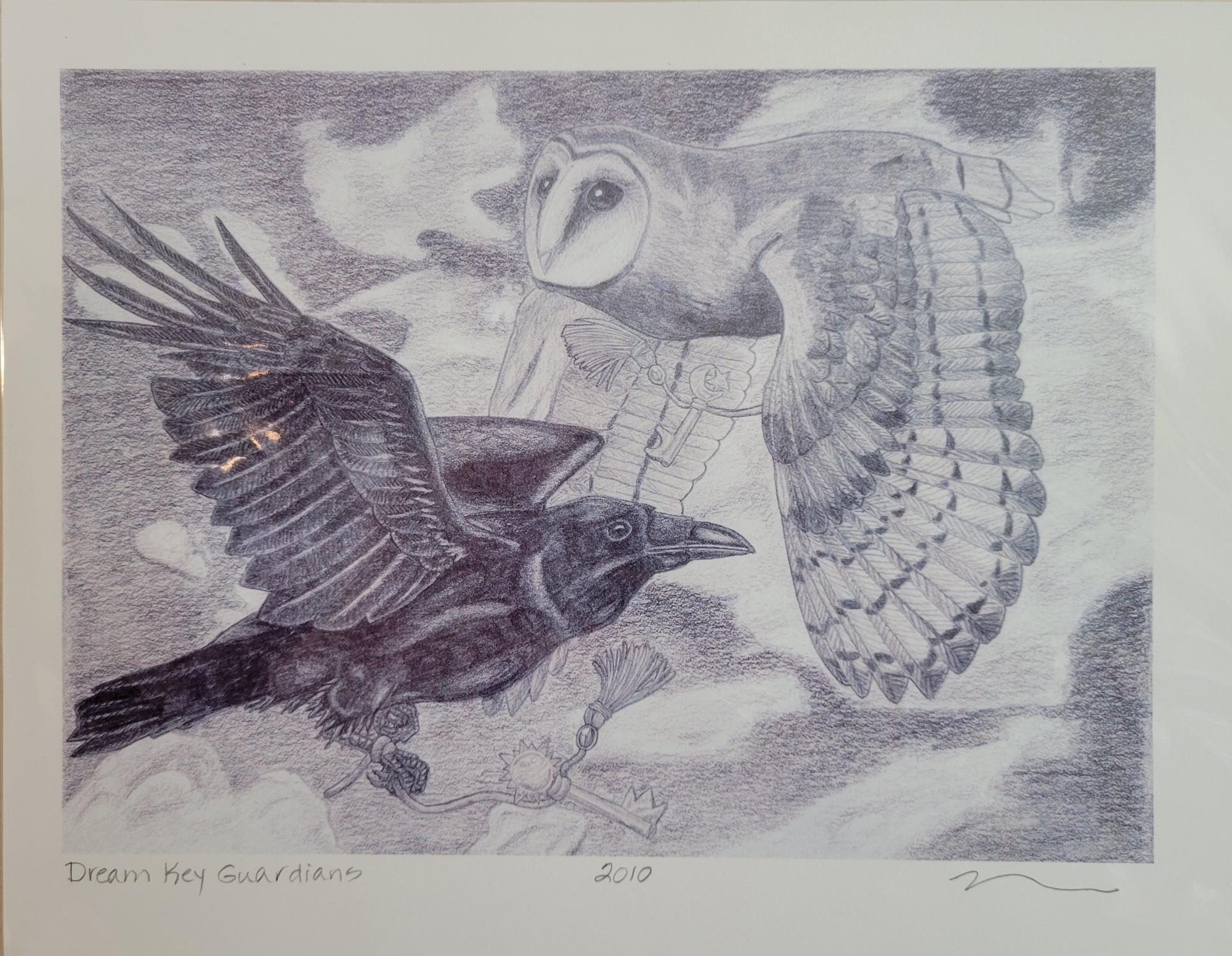 Graphite drawing of a raven and owl