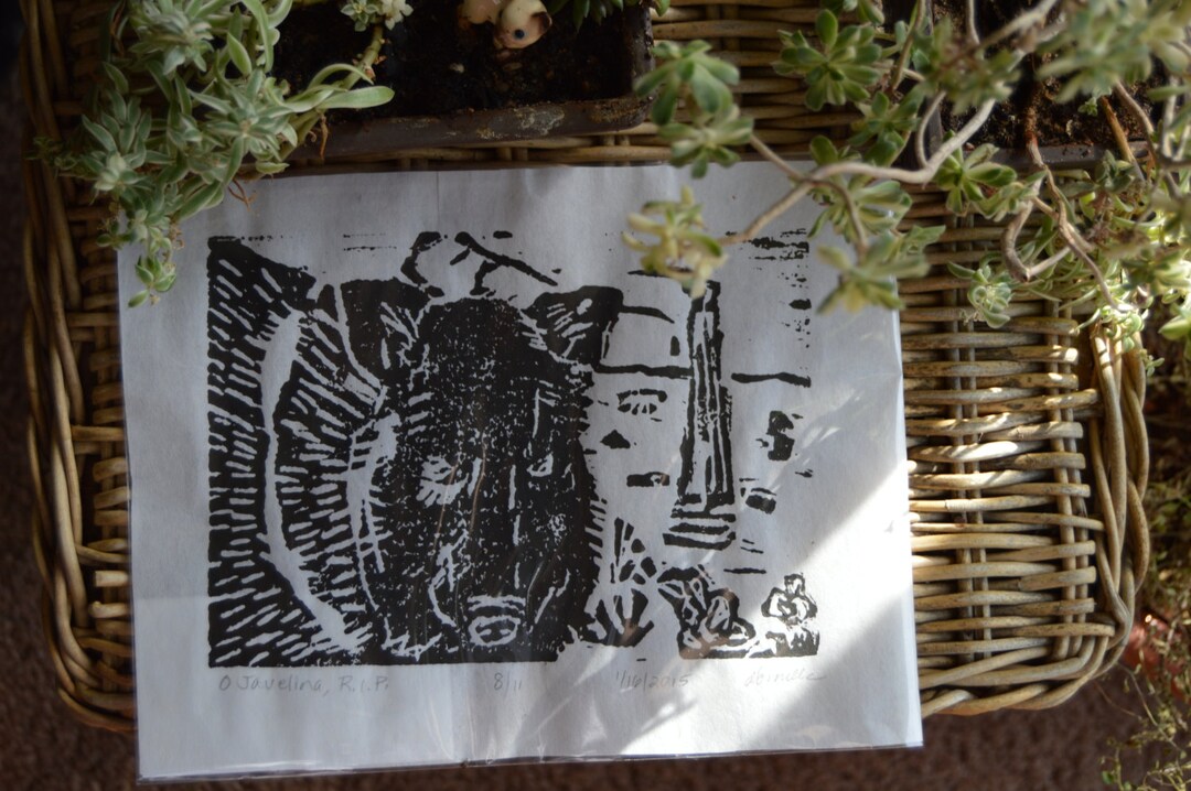 Collared Peccary (javelina) Linoleum Block Print
