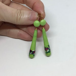 Vintage Art Deco drop earrings.Green glass and brass.1930s.