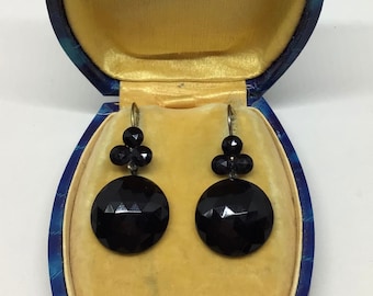 boucles d'oreilles vintage Français en cristal, argent vermeil.1920/Art Déco Français boucles d'oreilles jet, argent vermeil.1930s