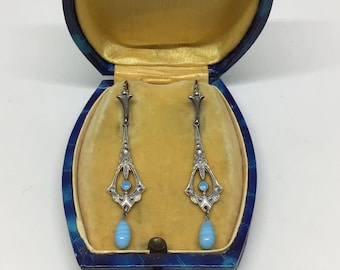 Versilberte Ohrringe mit türkisblauem Glas. Original Art déco. 1930er Jahre.