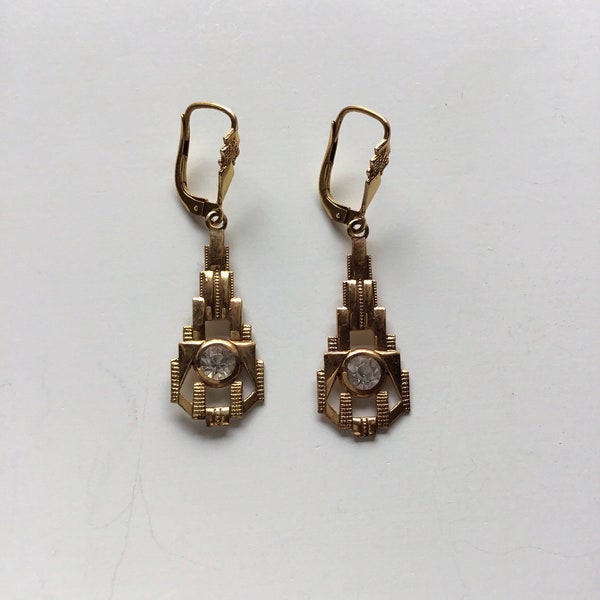 Art Deco geometric metal earrings 1930s/Art Deco brass earrings “Skycraper style” 1920s