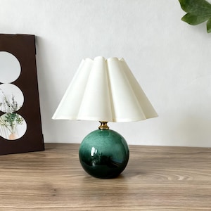Handmade Green Glaze Ceramic Table Lamp, Pleated Shade, Rustic Decor