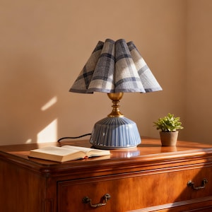 May include: A blue and white plaid lampshade sits atop a blue ceramic base with brass accents. The lamp is on a wooden dresser next to a small potted plant and an open book. The lamp's cord is black.