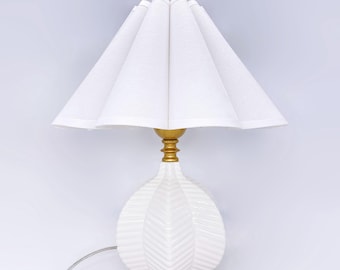 Handmade White Ceramic Table Lamp: Carambola Shape, Beige Fabric Shade
