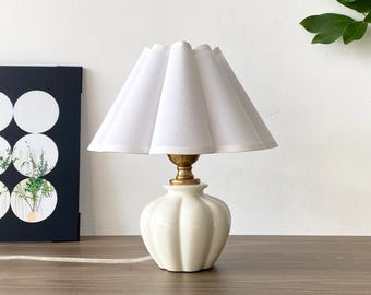 Handmade White Ceramic Table Lamp, Petal Fabric Shade, Dimmable
