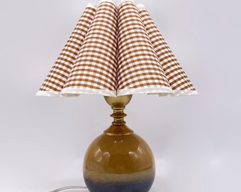 Handmade Ceramic Table Lamp with Plaid Fabric Petal Shade, 3-Way Dimmable Bedside Lamp, Small Accent Lamp with Free Bulb