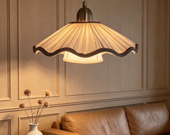 Suspension à brancher en tissu plissé fait main, abat-jour ondulé festonné, lampe suspendue vintage française