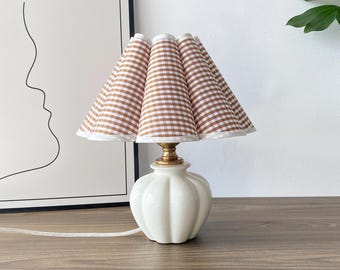 Handmade Ceramic Table Lamp with Checkered Pleated Fabric Shade, Small Bedside Lamp, Vintage Style Nightstand Light