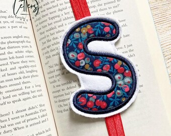 Liberty Print Initial Bookmark, Initial Book Band - Wiltshire Berry Navy Red