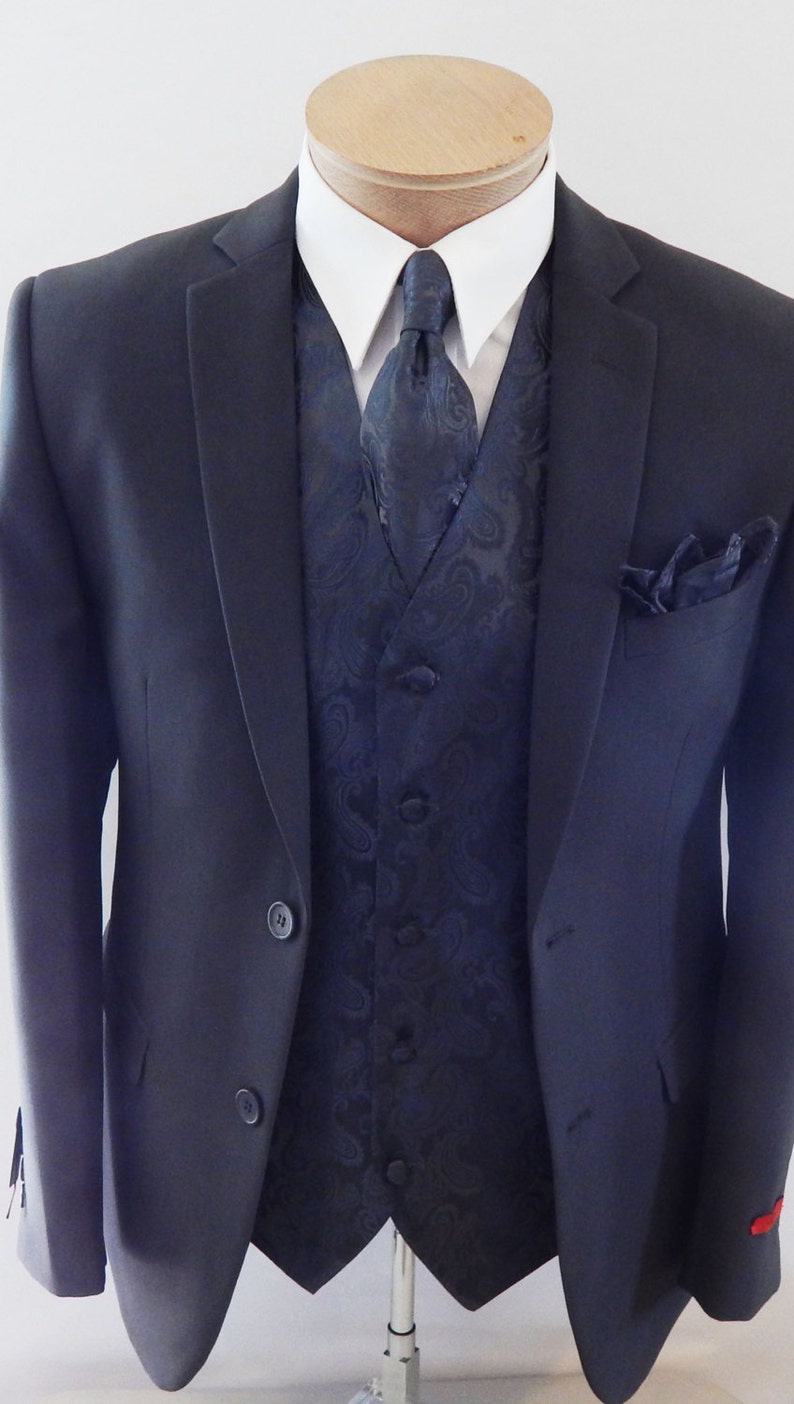 Mens Vest Pewter gray Tone On Tone Satin Paisley Vest Tie And Pocket Square Set image 3