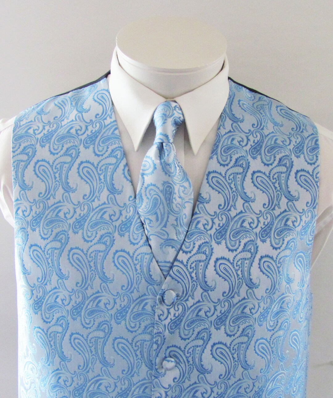 Mens Vest Light Blue Sky Blue Pale Blue Tone on Tone Satin Paisley Mans
