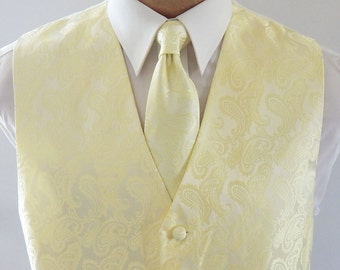 Ensemble gilet homme cravate et pochette de costume en satin cachemire jaune ton sur ton