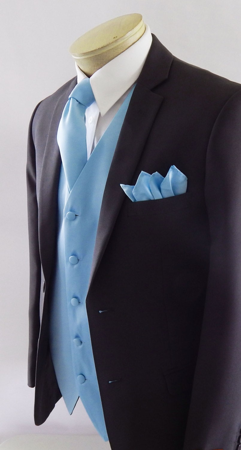 Mens Vest Light Blue Smooth Satin And covered buttons Vest Comes With Matching Tie And Pocket Square Black Adjustable Back