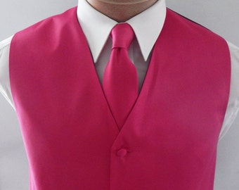 Clearance Sale Size 2XL Mens Vest Fuchsia  Smooth Satin With Covered Buttons Vest Comes With Matching Tie And Pocket Square Black Back