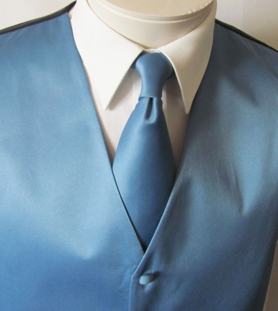 Mens Vest Dusty Blue Smooth Satin and Covered Buttons Vest Comes with Matching Tie and Pocket Square Black Adjustable Back