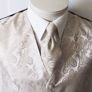 Herrväst Honungkräm Off White Tone On Tone Satin Paisley Väst Slips Och Näsduk Set
