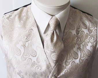 Mens Vest  Cream Off White Tone On Tone Satin Paisley Vest Tie And Pocket Square Set