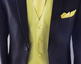 Mens Vest Light To Medium Yellow Smooth Satin Covered Buttons Vest Comes With Matching Tie And Pocket Square Black Adjustable Back