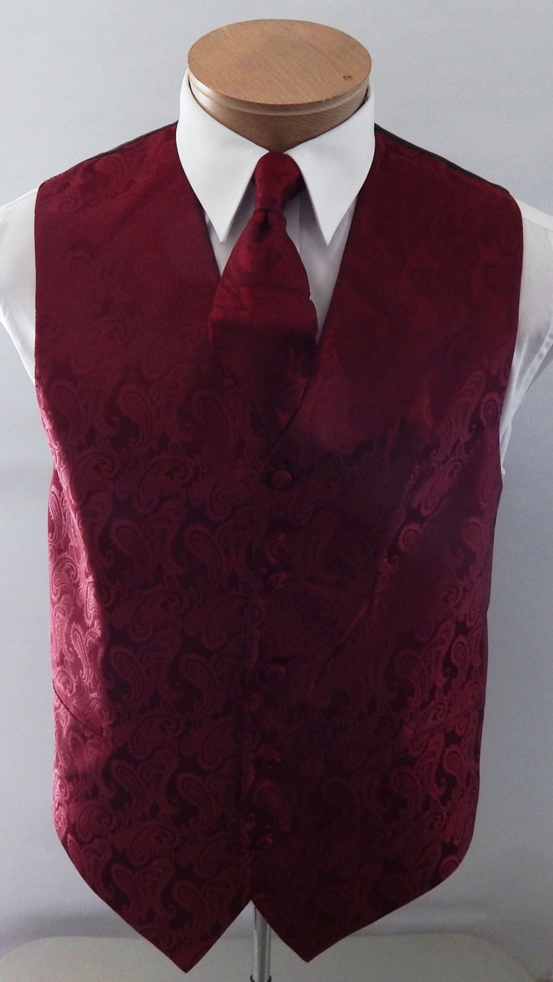 Mens Vest Burgundy Tone On Tone Satin Paisley Vest Tie And Pocket Square Set image 3