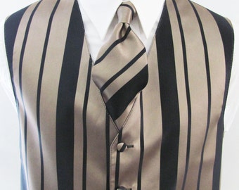 Mens Vest Taupe With Thick Black Stripes Full Back 2 Piece Vest And Tie Set