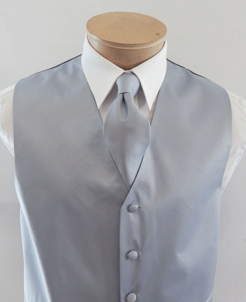 Mens Vest Silver Satin And Covered Buttons Vest Comes With Matching Tie And Pocket Square