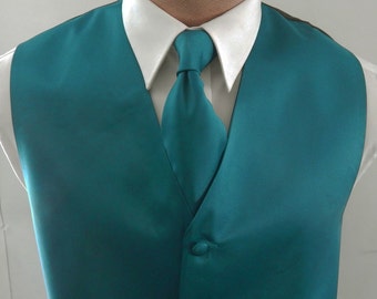 Mens Vest Teal Blue Smooth Satin And covered buttons Vest Comes With Matching Tie And Pocket Square  Adjustable Black Back